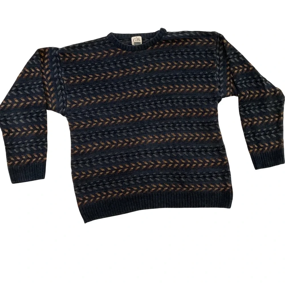 Vintage‎ GB Sweater Mens Crew Neck Knit Blue Brown Patterned Casual XL
